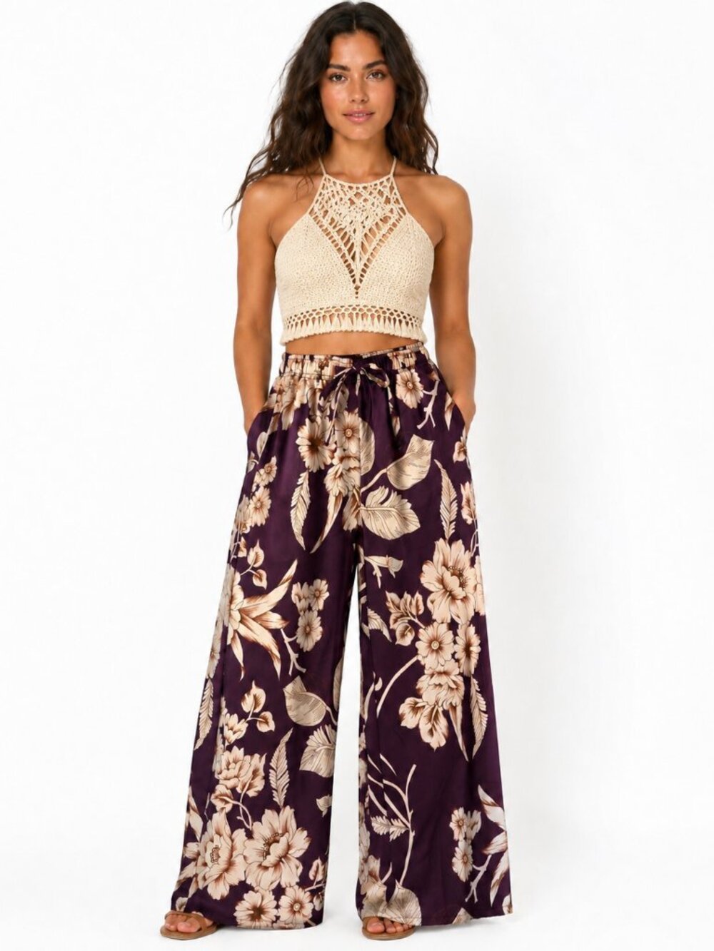 Boho Floral Wide Leg Palazzo Pants Elastic Tie Waist Lounge Coastal Small
